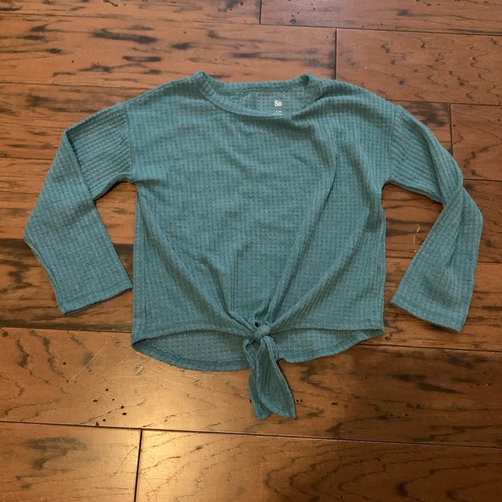 So Girls Tie front Waffle Teal LS Top - S (7)